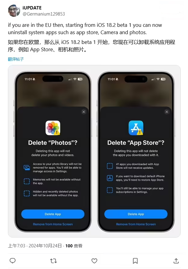 隆林苹果手机维修分享iOS 18.2 支持删除 App Store 应用商店 