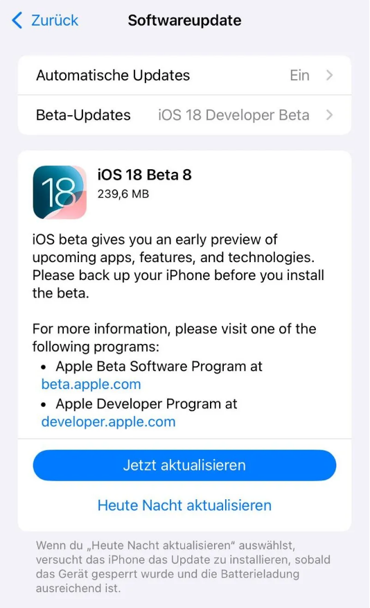 隆林苹果手机维修分享苹果 iOS / iPadOS 18 开发者预览版 Beta 8 发布 